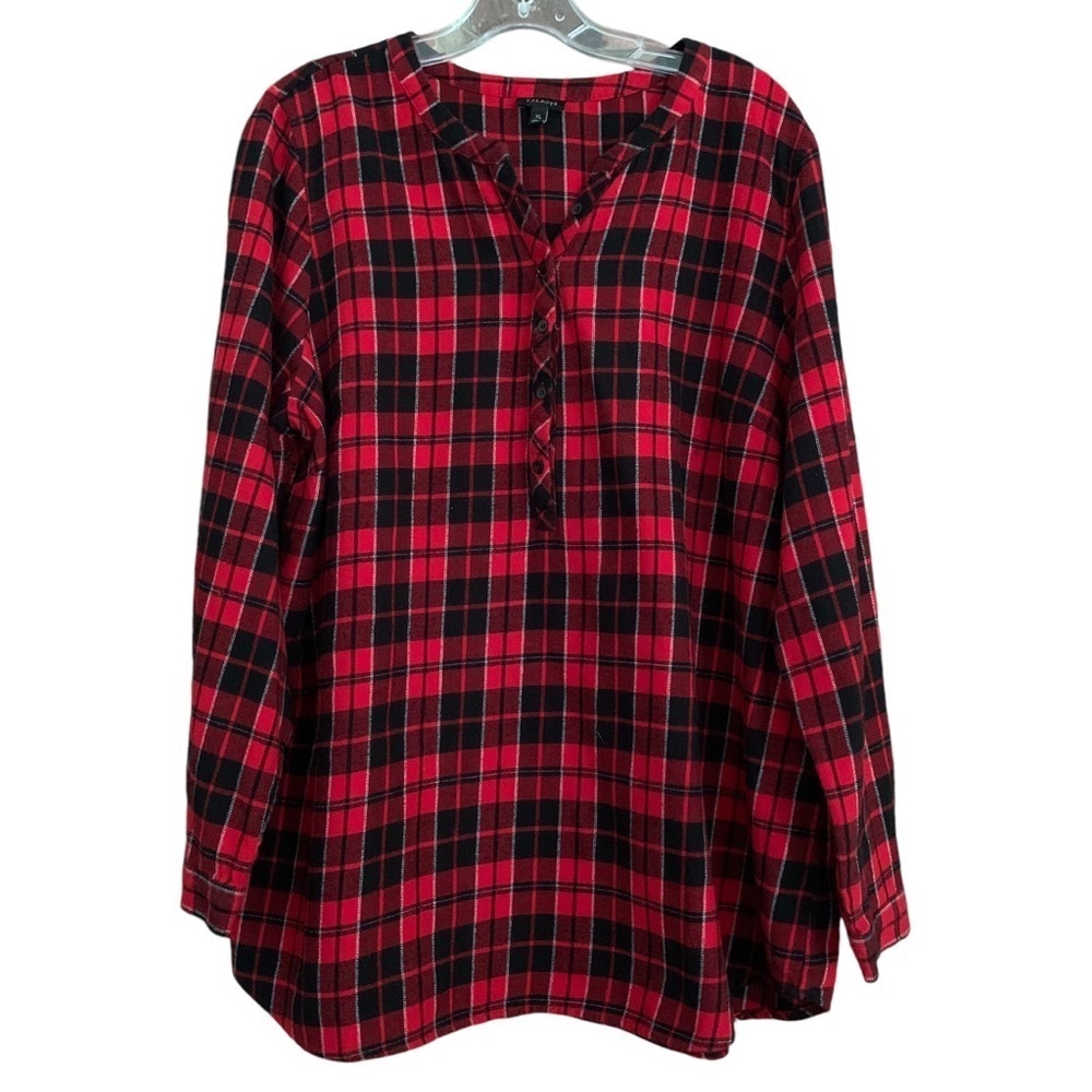 Talbots Tartan Plaid Split Neck Red Soft Cotton Flannel Tunic Top Sz XL